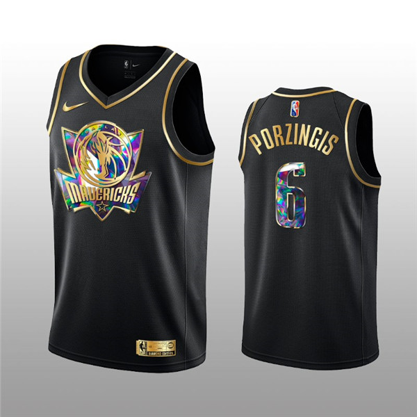 Men's Dallas Mavericks #6 Kristaps Porzingis 2021/22 Black Golden Edition 75th Anniversary Diamond Logo Stitched Basketball Jersey Men's Dallas Mavericks #6 Kristaps Porzingis 2021/22 Black Golden Edition 75th Anniversary Diamond Logo Stitched Basketball Jersey